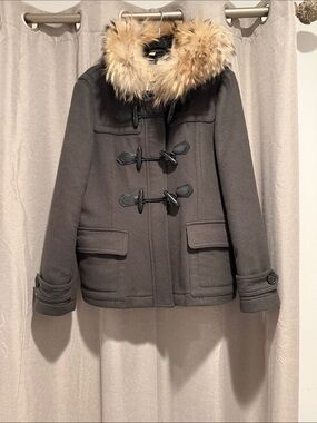 Burberry Charcoal Gray Wool Toggle Coat with Fur Trim
